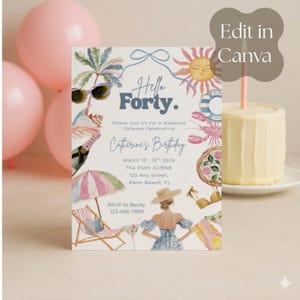 May include: A birthday invitation with the text "Hello Forty" and "Catherine's Birthday." The invitation features watercolor illustrations of a beach scene, including a sun, sunglasses, and a beach chair. A small cake with a candle is on the right.