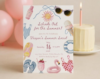 Schools Out for the Summer Birthday Invitation Template, Kids Pool Party Evite Printable, Editable Summer Social Invite