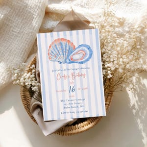 Sjabloon verjaardagsuitnodiging kust kust afdrukbaar, vintage Shell Oyster Cottage Party Evite, bewerkbare nautische zomeruitnodiging