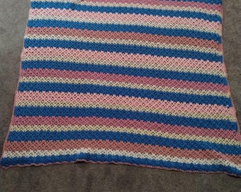 Handmade Crochet Afghan – Pastel Pink Blue & White Shell Stitch Blanket – 58x49 Nursery Lap Throw Baby Room Decor