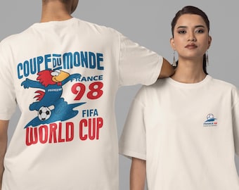 T-shirt graphique vintage années 90, T-shirt rétro France Coupe du Monde 98, T-shirt classique pour supporters de foot, Haut style années 90, T-shirt vintage football années 90