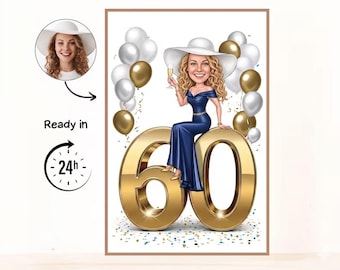 Custom 60th Birthday Caricature Personalized Cartoon Portrait Wedding,Anniversary (Digital Download)