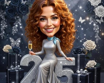 Personalized 25th Birthday Caricature Portrait, Custom Cartoon Gift (Digital Delivery)