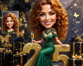 Personalized 25th Birthday Caricature Portrait, Custom Cartoon Gift (Digital Delivery)