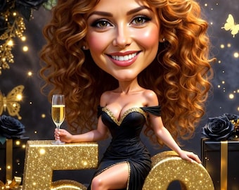 Personalized 50th Birthday Caricature Portrait, Custom Cartoon Gift (Digital Delivery)