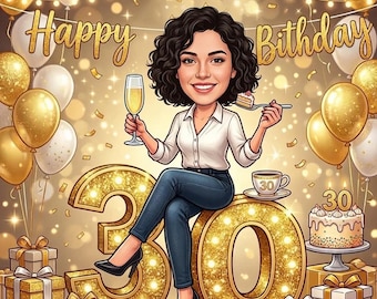 Personalized 30th Birthday Caricature Portrait, Custom Cartoon Gift (Digital Delivery)