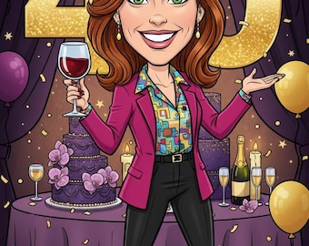 Personalized 40th Birthday Caricature Portrait, Custom Cartoon Gift (Digital Delivery)