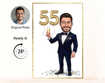 Personalized 55th Birthday Caricature Portrait, Custom Cartoon Gift (Digital Delivery)