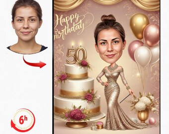 Personalized 50th Birthday Caricature Portrait, Custom Cartoon Gift (Digital Delivery)