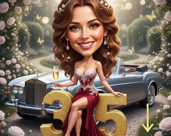 Personalized 35th Birthday Caricature Portrait, Custom Cartoon Gift (Digital Delivery)
