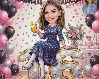Personalized 16th Birthday Caricature Portrait, Custom Cartoon Gift (Digital Delivery)