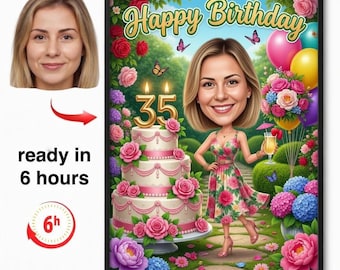 Personalized 35th Birthday Caricature Portrait, Custom Cartoon Gift (Digital Delivery)