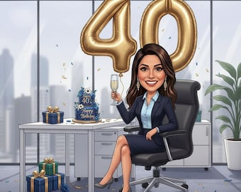 Personalized 40th Birthday Caricature Portrait, Custom Cartoon Gift (Digital Delivery)