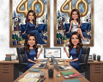 Personalized 40th Birthday Caricature Portrait, Custom Cartoon Gift (Digital Delivery)