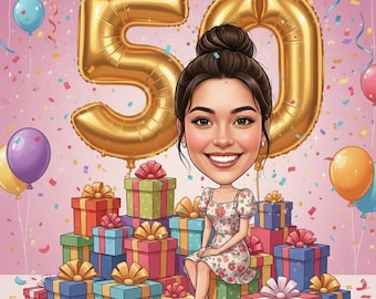 Personalized 50th Birthday Caricature Portrait, Custom Cartoon Gift (Digital Delivery)