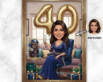 Personalized 40th Birthday Caricature Portrait, Custom Cartoon Gift (Digital Delivery)