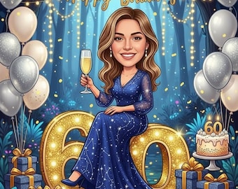 Personalized 60th Birthday Caricature Portrait, Custom Cartoon Gift (Digital Delivery)