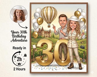 Personalized 30th Birthday Caricature Portrait, Custom Cartoon Gift (Digital Delivery)