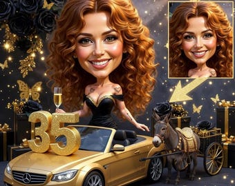 Personalized 35th Birthday Caricature Portrait, Custom Cartoon Gift (Digital Delivery)
