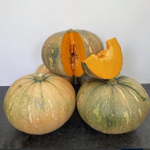 May include: Several whole pumpkins and a pumpkin slice are displayed. The pumpkins have a mottled green and tan exterior. One pumpkin is cut open, revealing bright orange flesh. The slice shows the same vibrant color.
