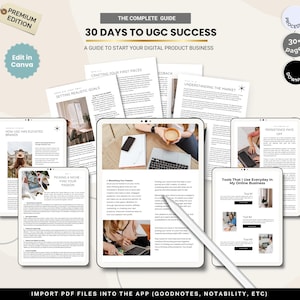 May include: A digital guide titled "30 Days to UGC Success" with the text "A Guide to Start Your Digital Product Business." The guide is displayed on tablets and printed pages. Includes the text "Edit in Canva" and "Import PDF files into the app (GoodNotes, Notability, etc)."