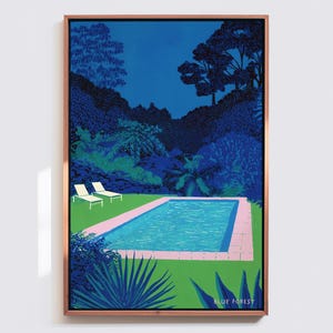 May include: A framed art print depicts a serene pool scene. The artwork features a rectangular pool with pink borders, surrounded by green grass and lush, dark blue foliage. Two white lounge chairs are positioned near the pool. The words "BLUE FOREST" are at the bottom.