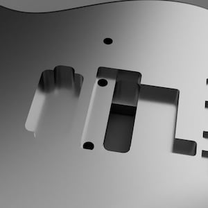 Pode incluir: Imagem em tons de cinza de um corpo de guitarra com recortes para componentes. O corpo metálico reflete a luz, com o texto "3150" cortado na superfície. O design é moderno e minimalista, sugerindo funcionalidade.