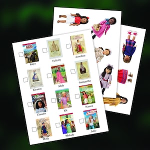 May include: Several sheets of paper with book covers and check boxes, featuring titles like "Kaya," "Felicity," and "Josefina." Dolls in various outfits are scattered around the sheets. The background is a dark green gradient.
