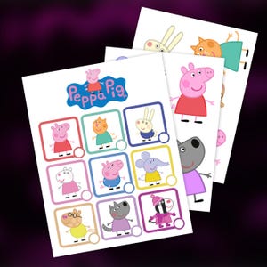 Può includere: Diversi fogli di adesivi dei personaggi di Peppa Pig. Gli adesivi presentano vari personaggi della serie animata, tra cui Peppa Pig, in abiti colorati. Gli adesivi sono disposti su carta bianca con sfondo viola.