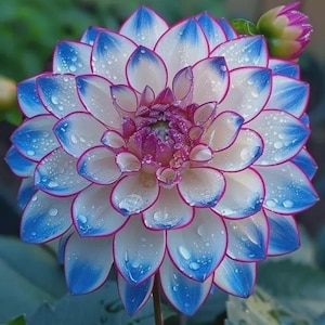 May include: A close-up of a dahlia flower with white petals edged in blue and outlined in pink. The flower's center is a deep purple, and water droplets are visible on the petals. A flower bud is visible in the background.