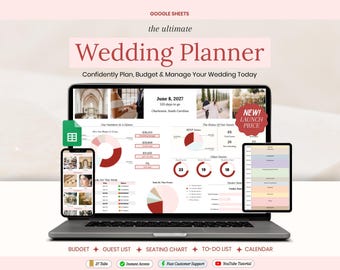 Wedding Planner Spreadsheet, Wedding Budget, Guest List & Seating Chart, Checklist, Vendor Organizer, Google Sheets Template, Pink Planner