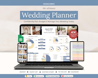 Wedding Planner Spreadsheet, Wedding Budget, Guest List & Seating Chart, Checklist, Vendor Organizer, Google Sheets Template, Blue Planner