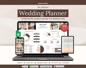 Wedding Planner Spreadsheet, Wedding Budget, Guest List & Seating Chart, Checklist, Vendor Organizer, Google Sheets Template, Brown Planner