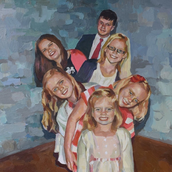 6 persons portrait. Original oil custom portrait from photo. Commission portrait, made to order. Hand painted. Children portrait.