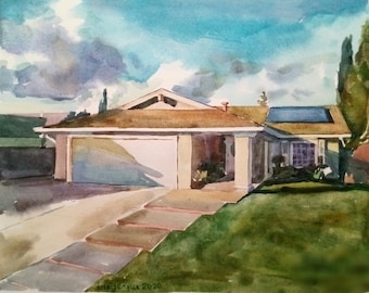 Personalized home painting, Original watercolour portrait of house, Handmade. Path to home.