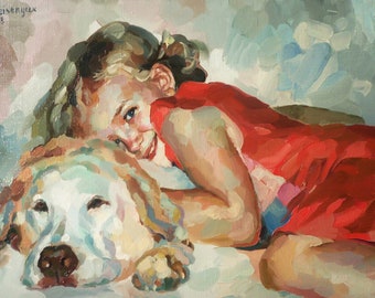 Portrait with pet. True friends. Original oil portrait from photo, made to order. Hand painted.