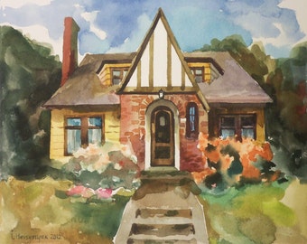 Pintura casera, Pintura original en acuarela del hogar, Retrato de la casa de la comisión, Retrato del hogar, Hogar dulce hogar, Regalo de San Valentín. regalo