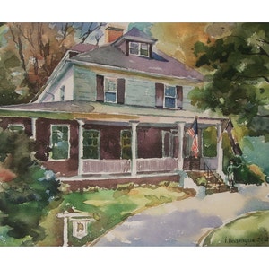 Custom Original  Watercolor Painting of home 8&#39;&#39; x 10&#39;&#39;, Example of House portrait, Made to Order. American house. House with jockey statue.