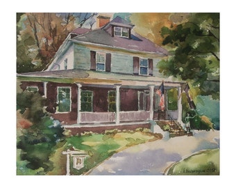 Custom Original  Watercolor Painting of home 8'' x 10'', Example of House portrait, Made to Order. American house. House with jockey statue.
