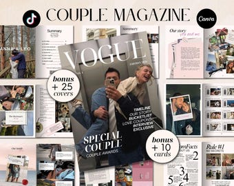 Plantilla editable de revista de pareja en Canva: Historia de amor, recuerdo de boda (descarga digital)