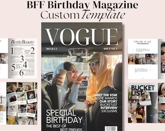 Plantilla personalizada para revista "BFF": Regalo de cumpleaños estilo Vogue (Descarga digital, Canva de 40 páginas, 10 tarjetas adicionales)