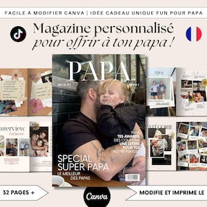 Könnte beinhalten: Ein personalisiertes Magazin mit dem Wort "PAPA" auf dem Cover, das einen Vater und ein Kind zeigt. Das Magazin enthält den Text "SPECIAL SUPER PAPA" und weitere Seiten mit Fotos und Text. Das Magazin ist eine Geschenkidee.