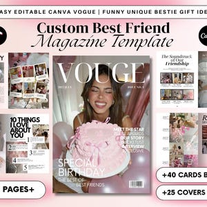 Könnte beinhalten: Eine Vorlage für ein individuelles Freundschaftsmagazin in Rosa und Weiß. Das Cover zeigt eine Frau, die einen rosa Kuchen hält. Der Text enthält "Vogue", "Special Birthday" und "Best Friends".