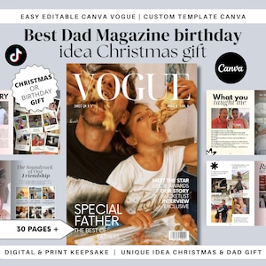 May include: A magazine cover with the word "VOGUE" and the text "Best Dad Magazine birthday idea Christmas gift." The cover features a photo of a father and child eating pizza. Additional pages and graphics are also visible.