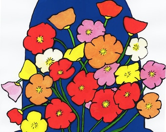 Poppies Gouache Kunstdruck - farbige Mohnblumen - Wildblumen Kunst - Wildblumen Kunst - Kinderzimmer Kunst - Wohnzimmer Kunst - Küchen Kunst