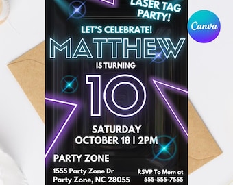 Laser Tag Birthday Invitation: Neon Glow Party, Editable Canva Template (Digital Download)