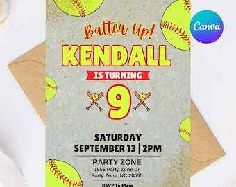 Softball Birthday Invitation | Editable Canva Template | Girls Sports Party Invite | Printable Digital Download