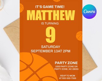 May include: An orange basketball-themed birthday invitation with the text "IT'S GAME TIME!" and "MATTHEW IS TURNING 9". Includes party details and a call to RSVP. The invitation is a 5x7 editable template.
