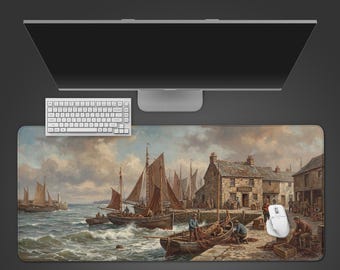 Harbor Trade Seascape – XL Desk Mat, Vintage Oil Painting Mousepad, Nautical Desk Decor, Large Keyboard Mat, Gift for Him