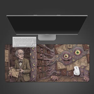 May include: A large rectangular mousepad featuring a detailed illustration of a man in a library, surrounded by surreal, eye-covered tentacles and bookshelves. The design includes a white keyboard and mouse, with a computer monitor above.